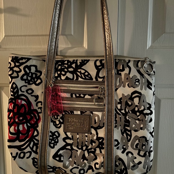 Leather & Silk Large Coach Poppy Floral Glam Graffiti Handbag - Picture 1 of 16